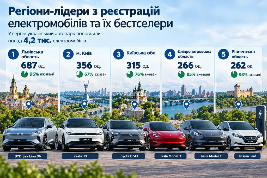 Електромобілі в Україні: за серпень понад 4,2 тис. реєстрацій, лідер — Львівщина